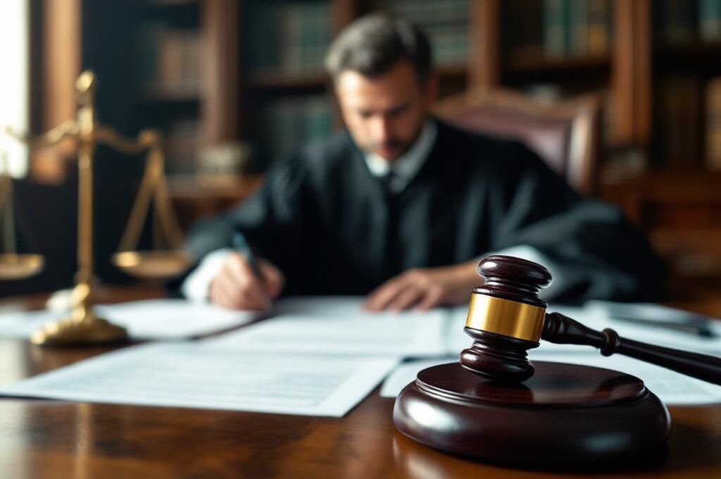 juge à son bureau avec un marteau de justice sur celui-ci