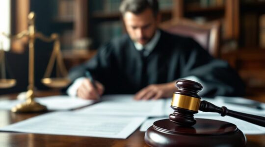 juge à son bureau avec un marteau de justice sur celui-ci