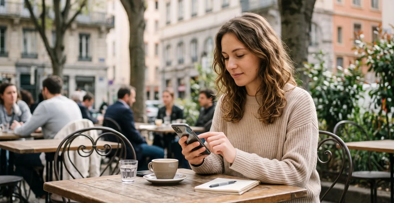 Jeune femme consultant une application bancaire mobile sur son smartphone en terrasse d'un café urbain moderne