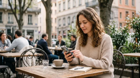 Jeune femme consultant une application bancaire mobile sur son smartphone en terrasse d'un café urbain moderne