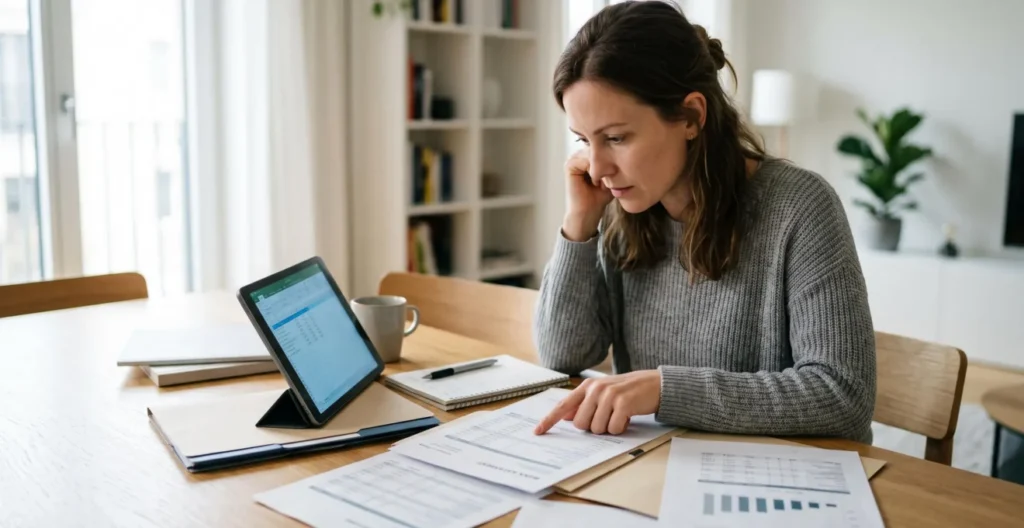 Personne comparant des informations bancaires entre une tablette numérique et des documents papier sur un bureau Personne comparant des informations bancaires entre une tablette numérique et des documents papier sur un bureau