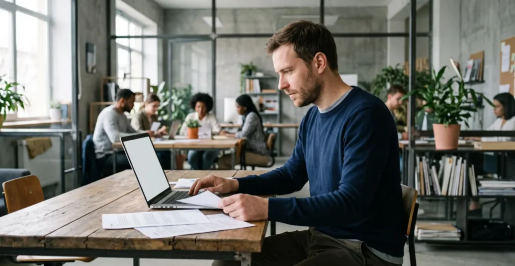 Professionnel indépendant travaillant sur son ordinateur portable dans un espace de coworking moderne Professionnel indépendant travaillant sur son ordinateur portable dans un espace de coworking moderne